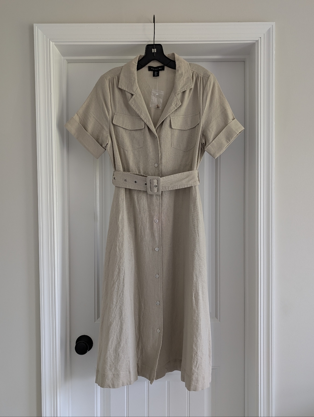 Tahari | Beige Linen Belted Midi Dress - Size: S